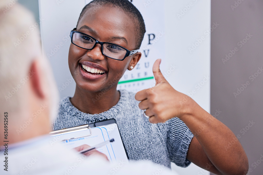 Vision, eye exam and woman with thumbs up for glasses, prescription and test for eyewear and thank y