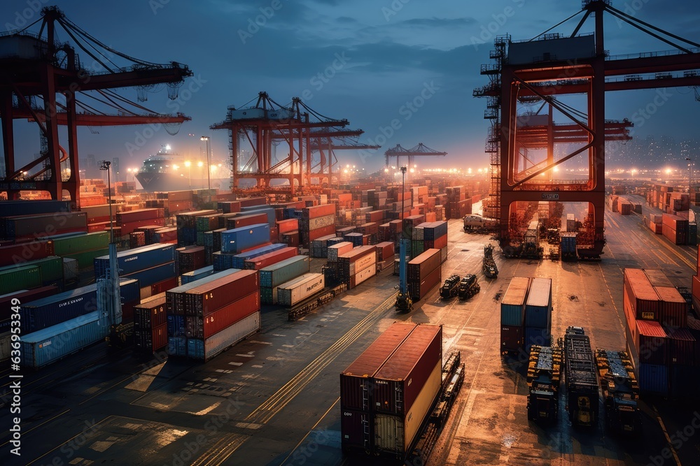 Vibrant and busy cargo port with ships, cranes, and containers