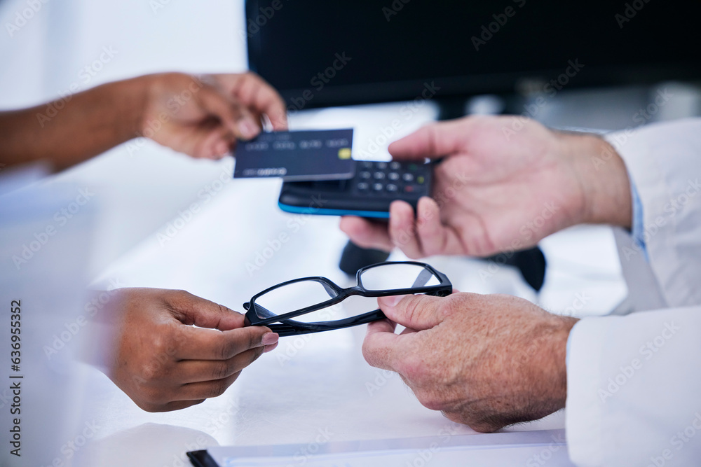 Shopping, glasses and payment with hands of people in store for medical, retail and eye care. Medici