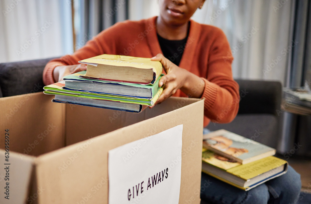 Donation box, charity and woman with books for nonprofit and cardboard container at home. Education 