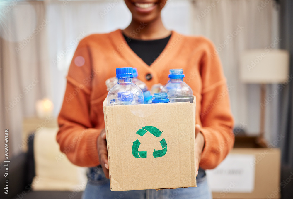 Plastic, recycle and woman with bottle in box in living room for eco friendly, reusable and cleaning