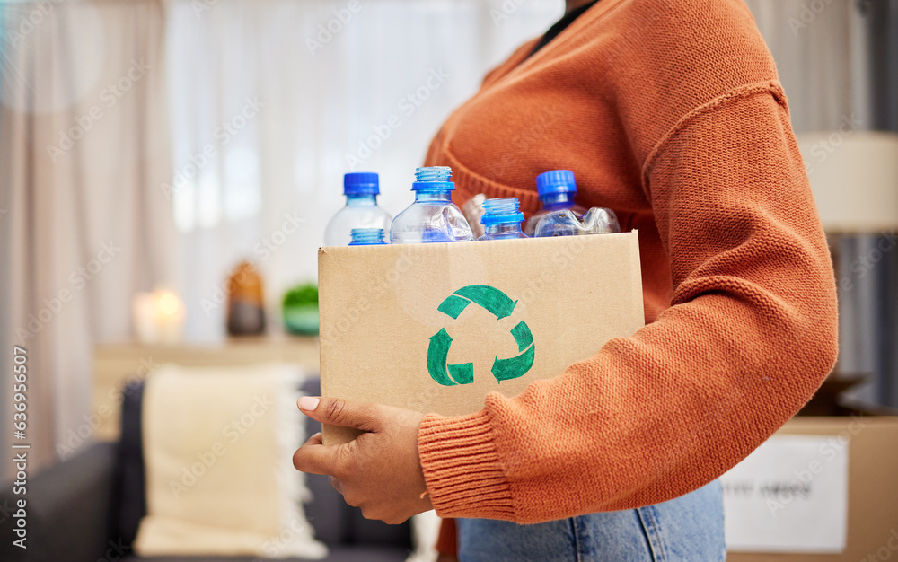 Plastic, recycling and woman with bottle in box in home for eco friendly, reusable and renewable tra