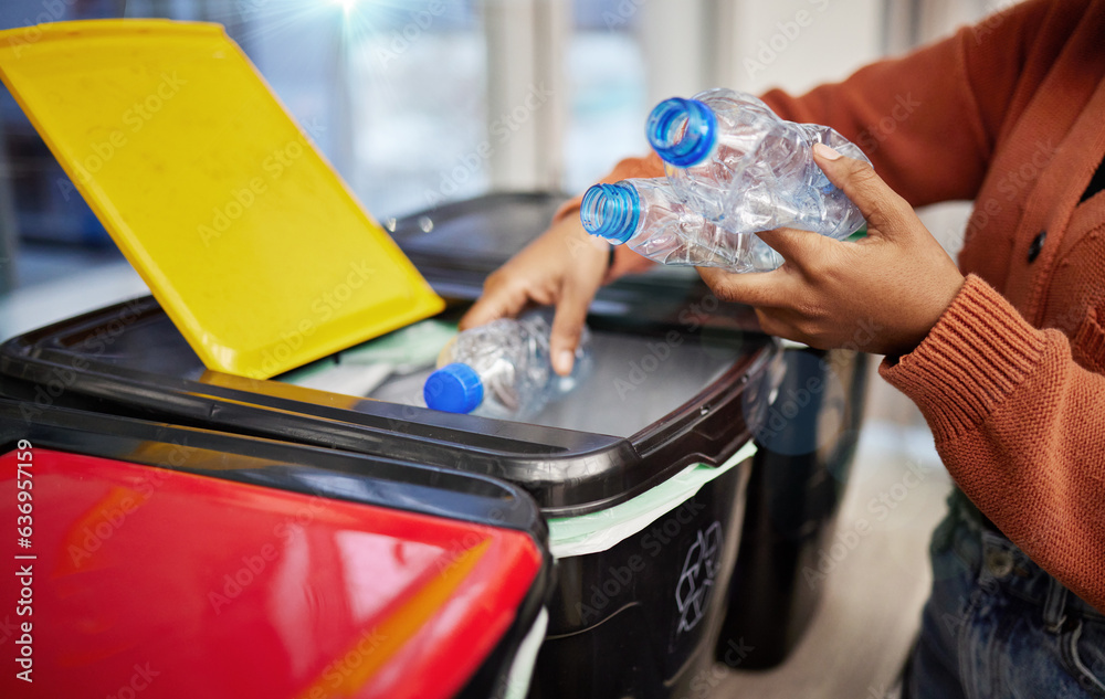 Plastic, recycle and hands of person with bottle in bin for eco friendly, reuse and renewable materi