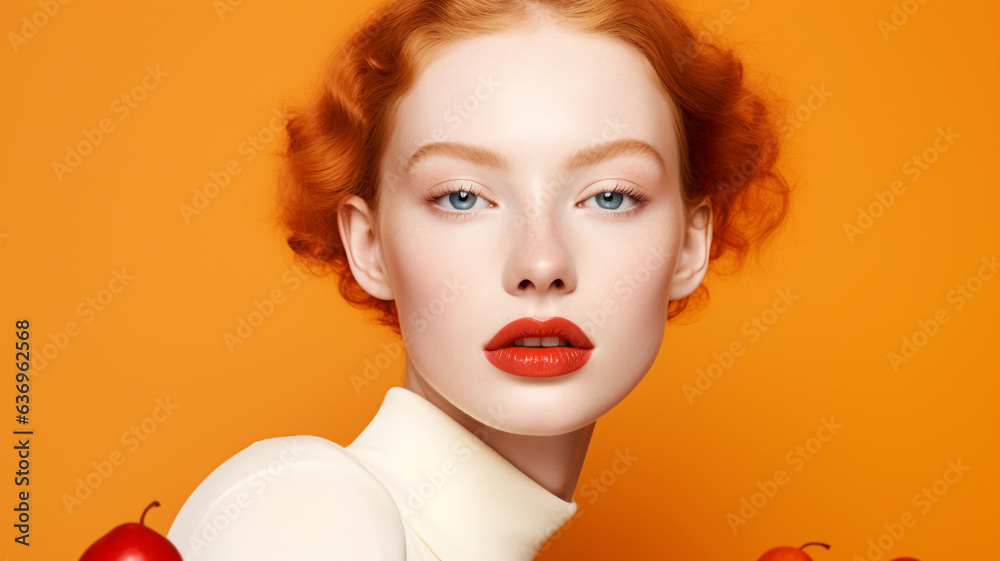 Beautiful model on an orange colored background