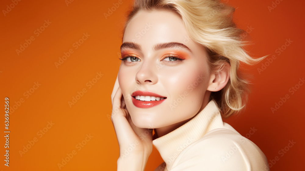 Beautiful model on an orange colored background