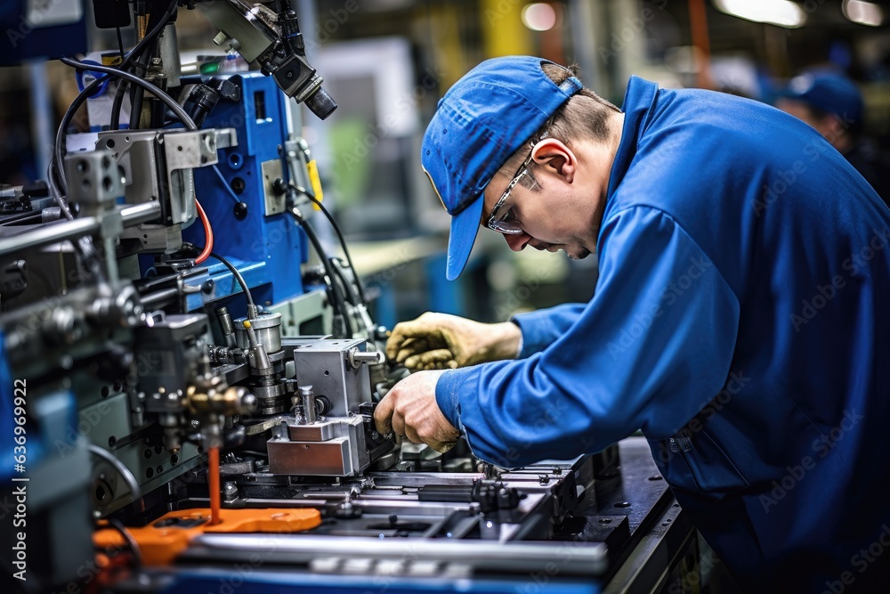 Skilled individuals operating various machines in a manufacturing or industrial