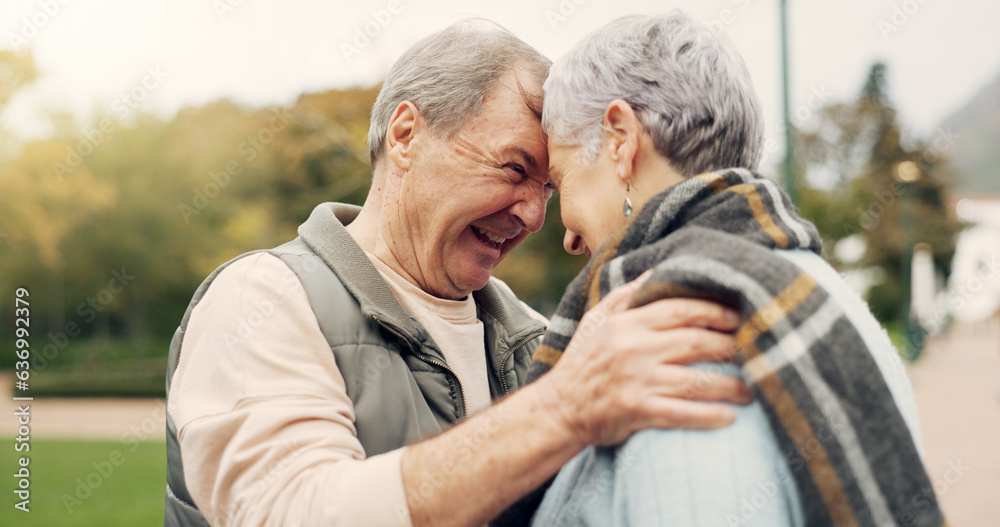 Kiss, forehead and senior couple in a park with love, happy and conversation with romantic bonding. 