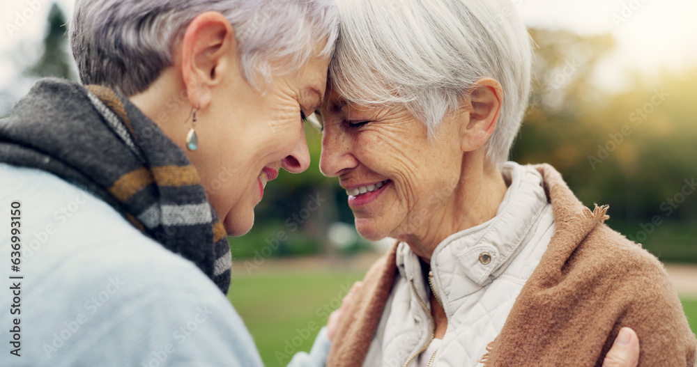 Love, connection and senior women being affection for romance and bonding on an outdoor date. Nature