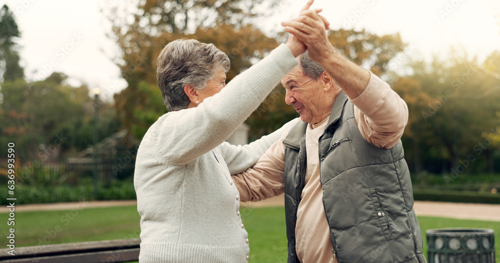 Love, dance and retirement with old couple in park for marriage, support and romance. Relax, happine