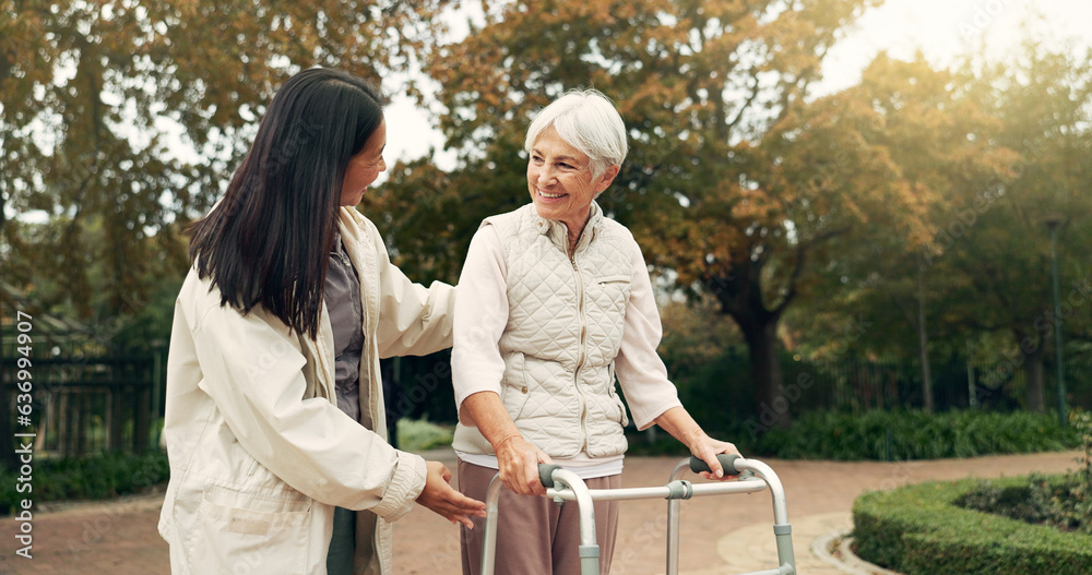 Park, walker and woman help senior walking as support, trust and care for morning healthcare exercis