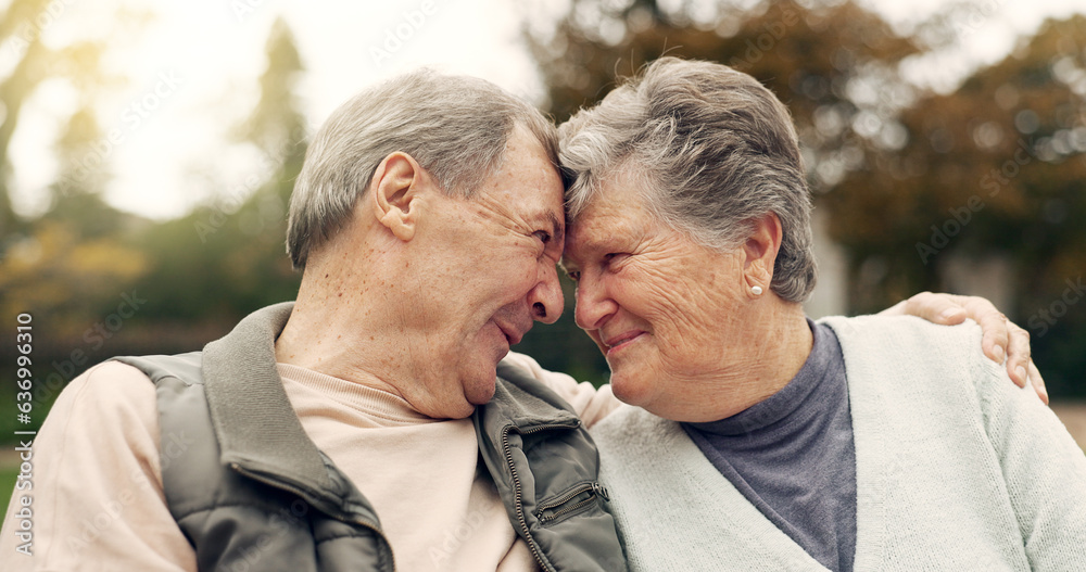 Forehead, touch and senior couple in a park with love, happy and conversation with romantic bonding.