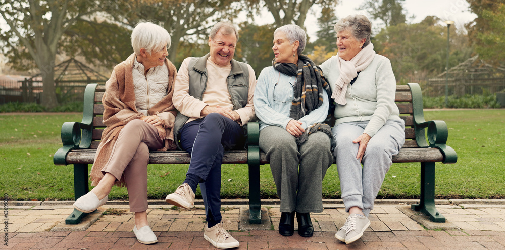 Conversation, nature and mature friends in a park sitting on bench for fresh air together. Happy, sm