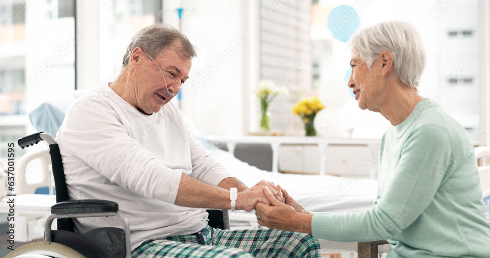 Hospital, talking and woman visit man for comfort, care and support for wellness, service and surger