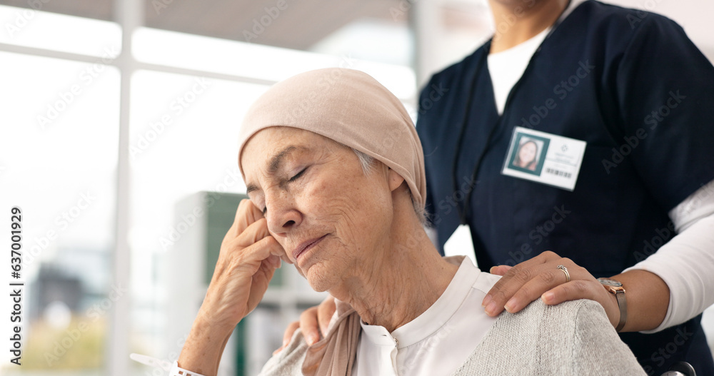 Comfort, senior woman and cancer patient with nurse in hospital for support, healthcare and thinking