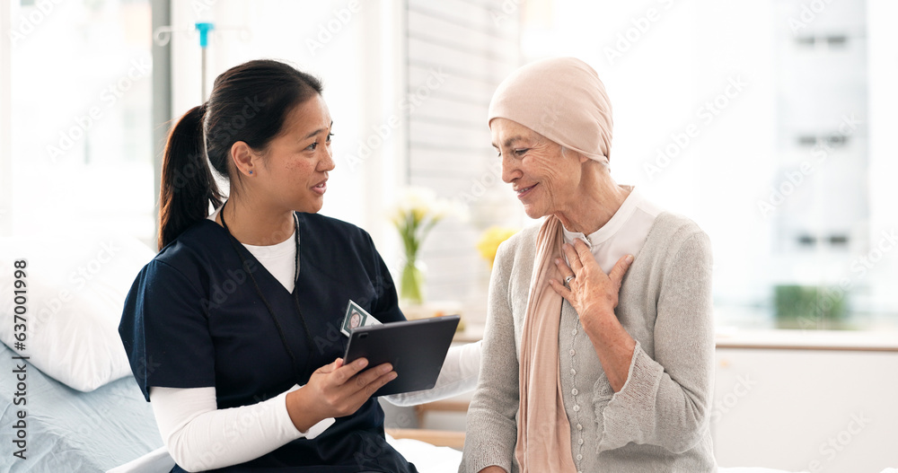 Tablet, nurse and woman with cancer patient, elderly and hospital consultation for wellness. Tech, h