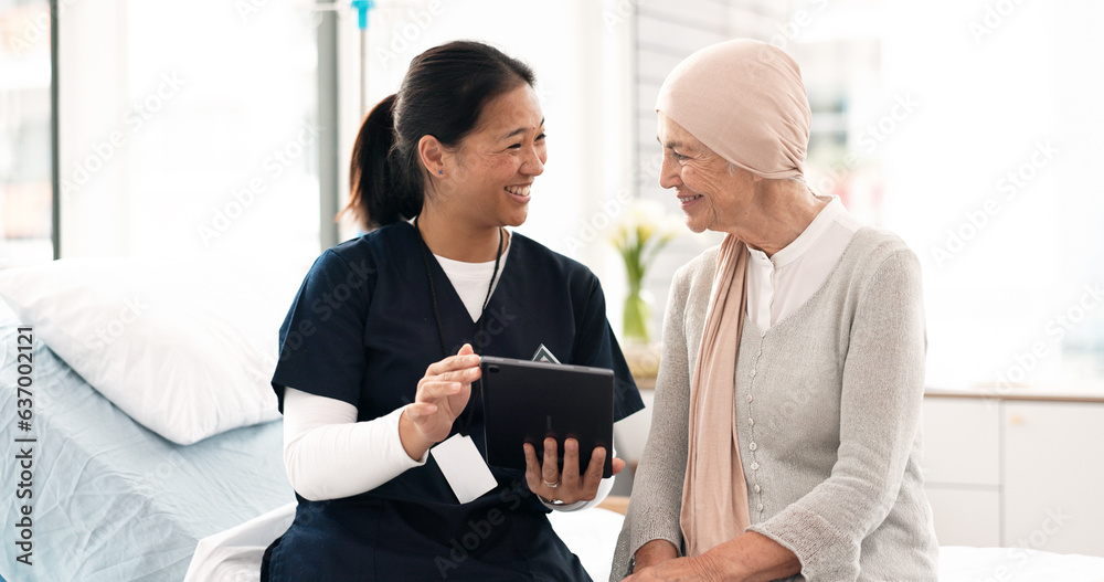 Tablet, nurse and woman with cancer patient in hospital, consultation and wellness. Technology, happ