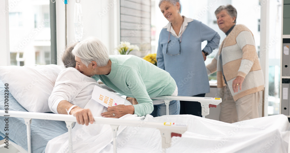 Hospital, sick and friends visit man for comfort, care and support for wellness, service and surgery