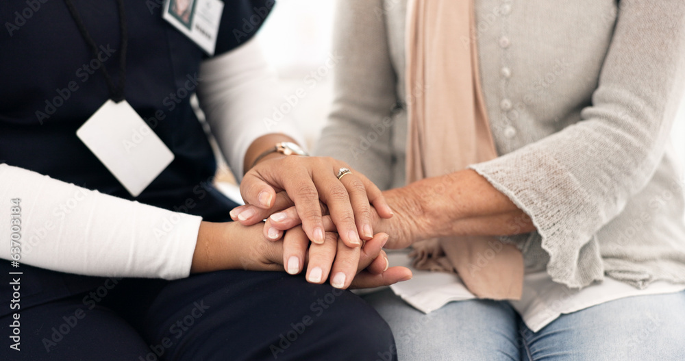 Senior person, holding hands and caregiver empathy, support and elderly care for client with medical