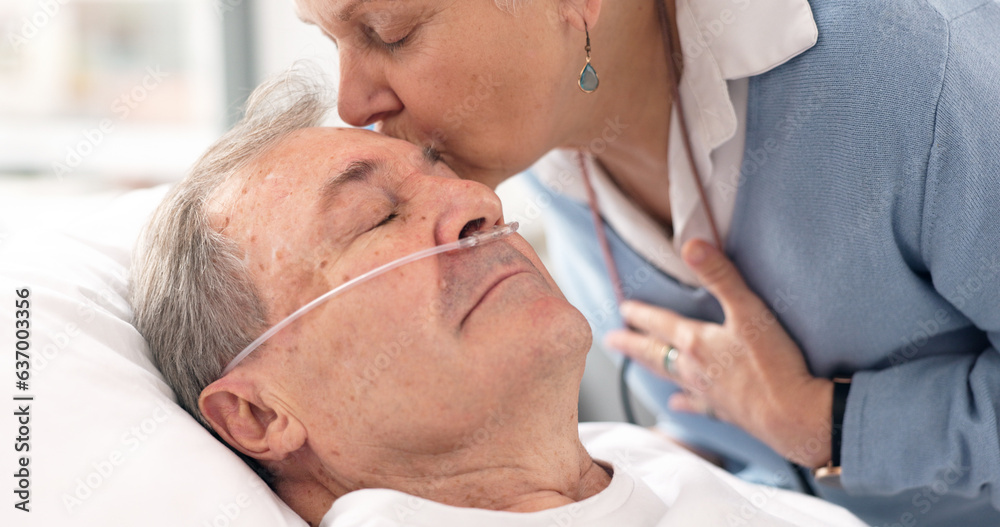 Drip, hospital bed and senior man sleeping with ventilation and breathing tube in a clinic. Elderly 