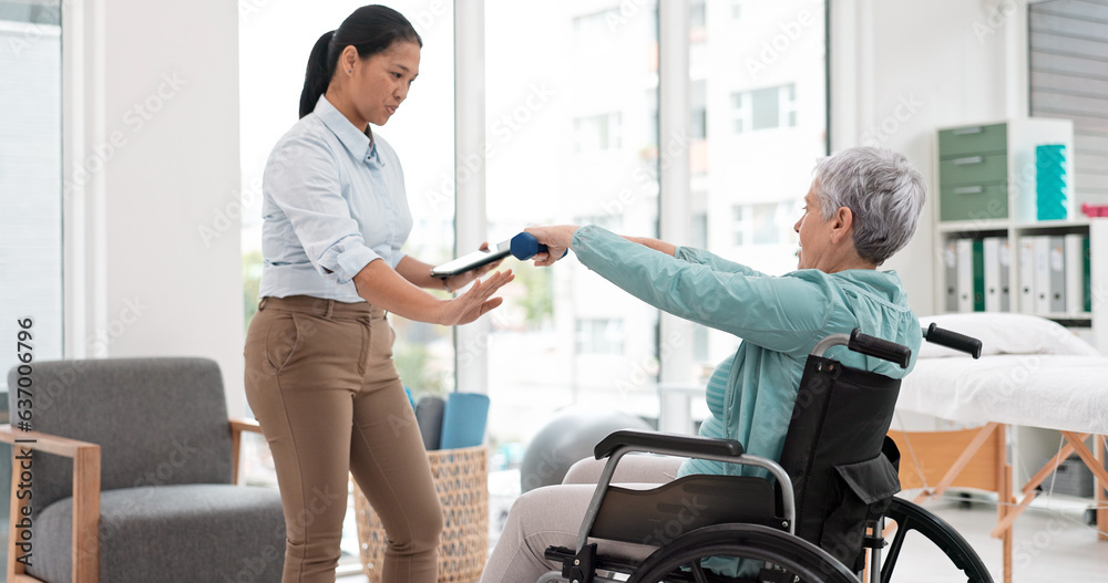 Woman with disability, physiotherapy and dumbbell exercise for healthcare assessment, test or digita