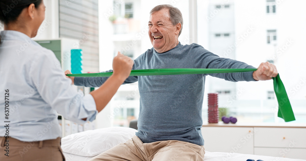 Physiotherapy, stretching band and senior man for doctor support in physical therapy, rehabilitation