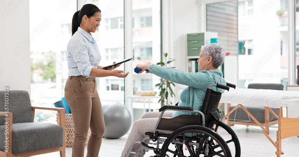 Woman with disability, physiotherapy and dumbbell exercise for healthcare assessment, test or digita