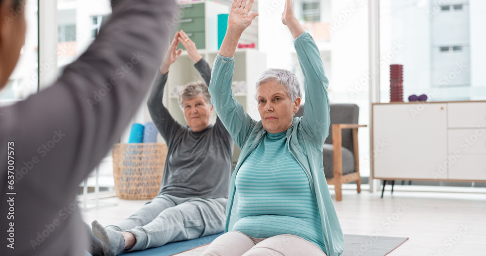 Old people in yoga class, fitness and meditation with breathing, wellness and retirement. Health, ex