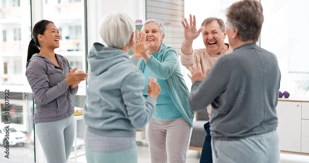 Fitness, hands together and senior people for exercise support, celebration and teamwork in workout 