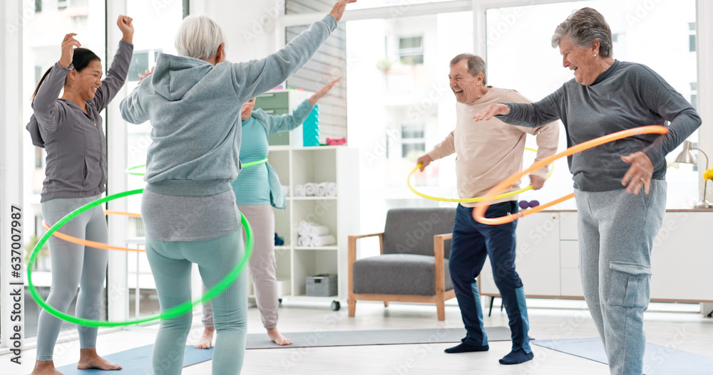 Fitness, senior and people with hula hoop at the gym for training, workout and health in retirement.