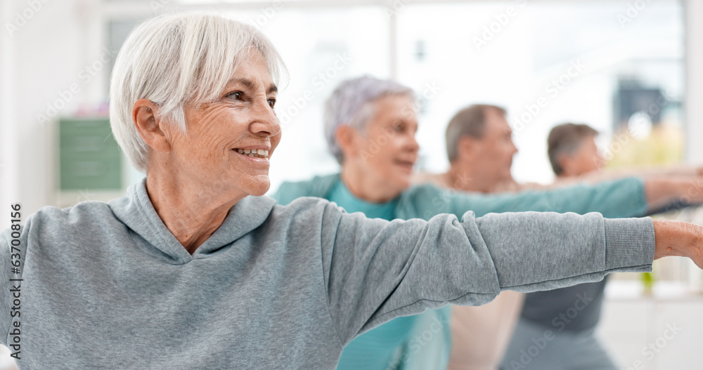 Old people in yoga class, fitness and stretching with happiness, wellness and retirement. Health, ex