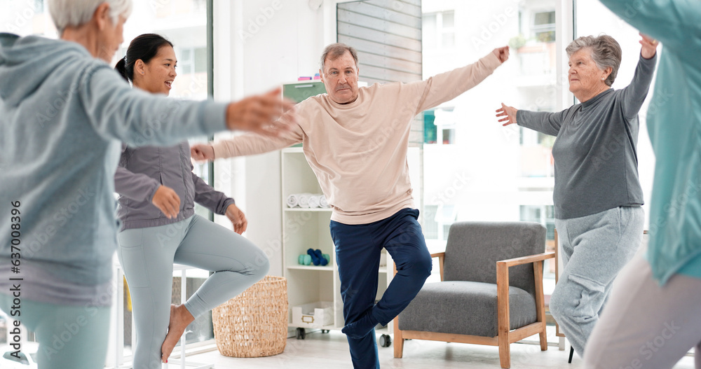 Old people in yoga class, fitness and stretching with happiness, wellness and retirement. Health, ex