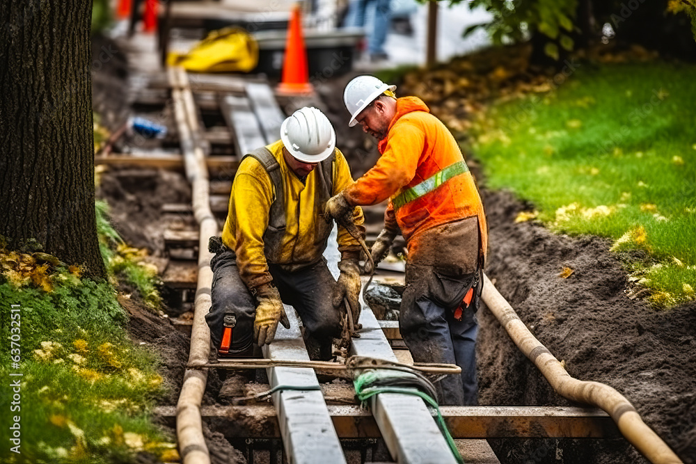 Dramatic autumn scene capturing two professionals fixing a public electric line in a trench, setting