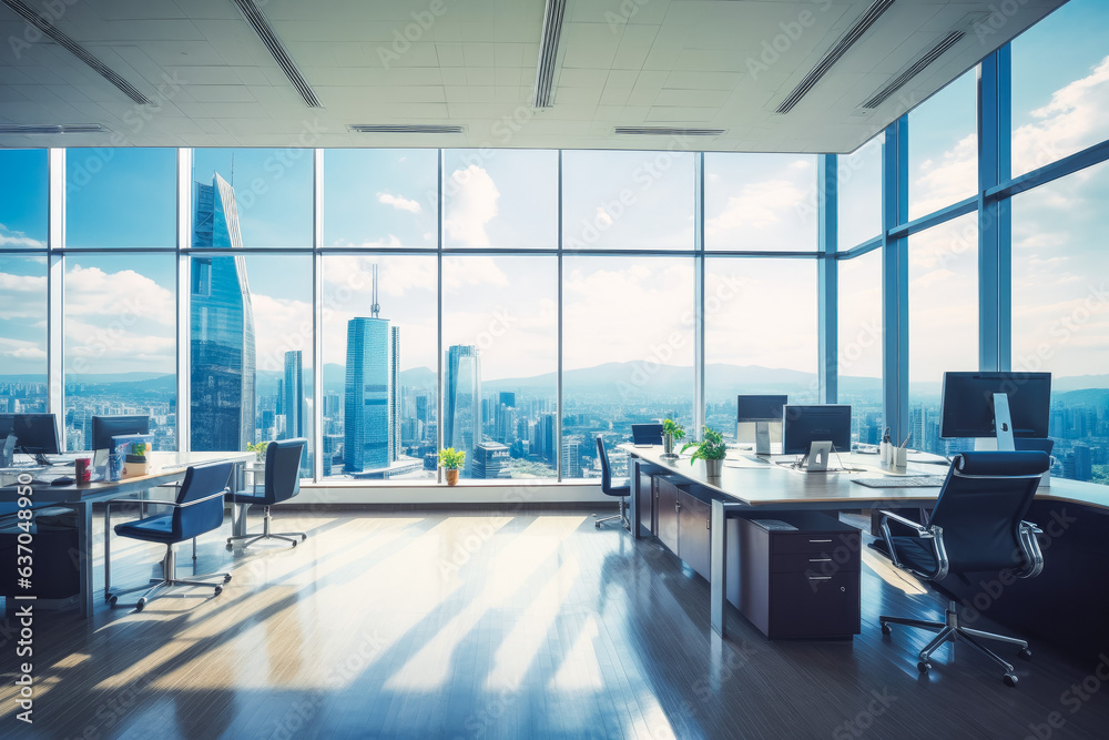 Panorama view inside office in skyscraper. Beautiful modern office in skyscraper.