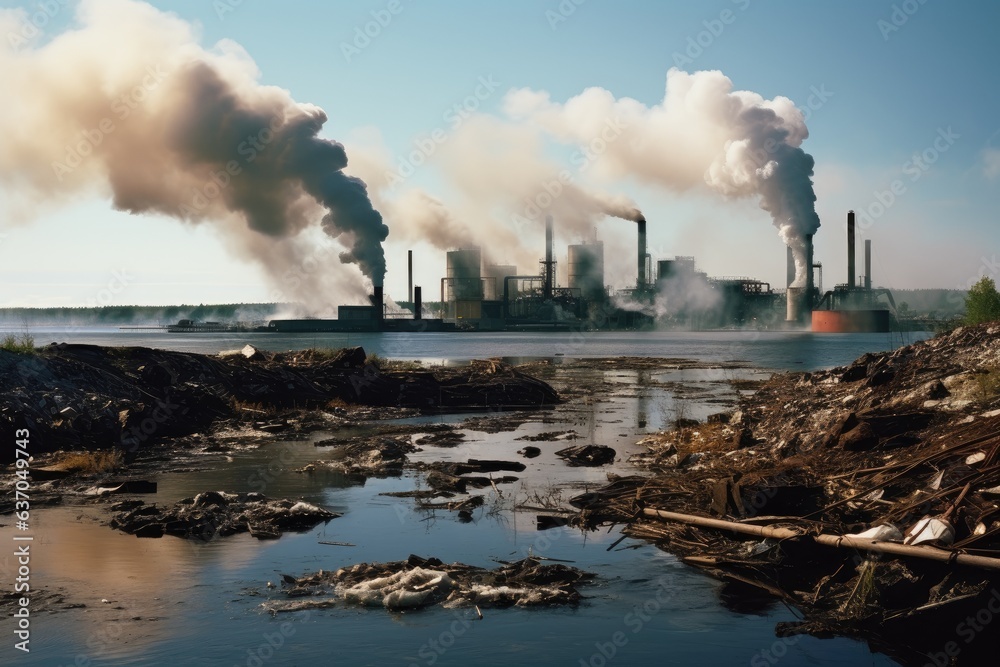 River polluted by trash and plastics with a giant factory producing smoke and damaging the environme