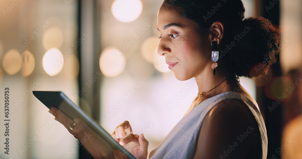 Black woman, night business and tablet for social networking connection, online management and media