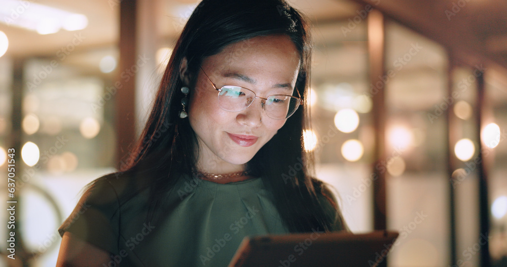 Woman, tablet and reading in night at office, focus or happy for social media app, chat or email. As