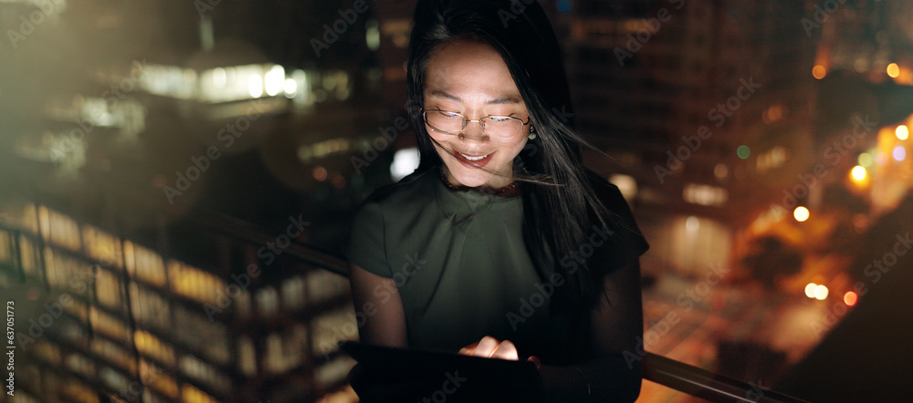 Woman, digital tablet and rooftop at night in city for social media, research and networking on urba