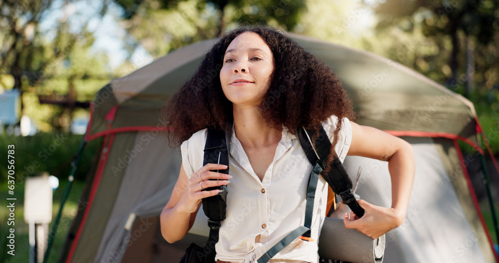 Camping, smile and a woman with a backpack in nature for hiking, trekking or adventure in the mornin