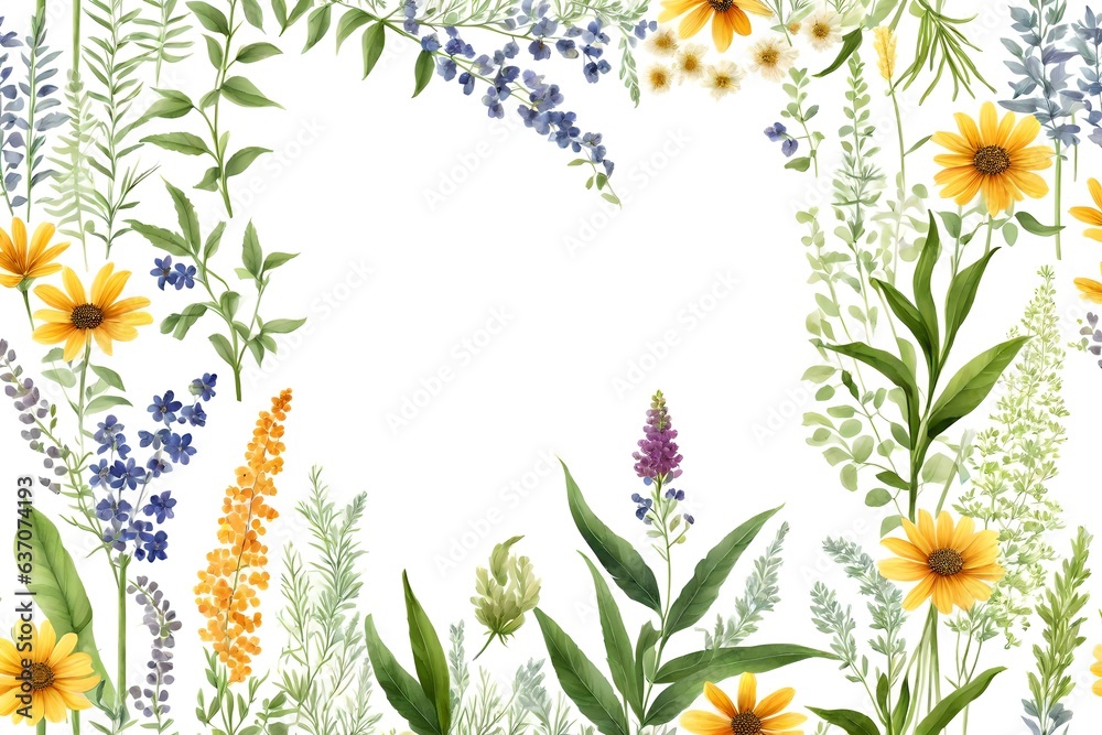 seamless rim. Border with Herbs and wild flowers, leaves. Botanical Illustration on white background