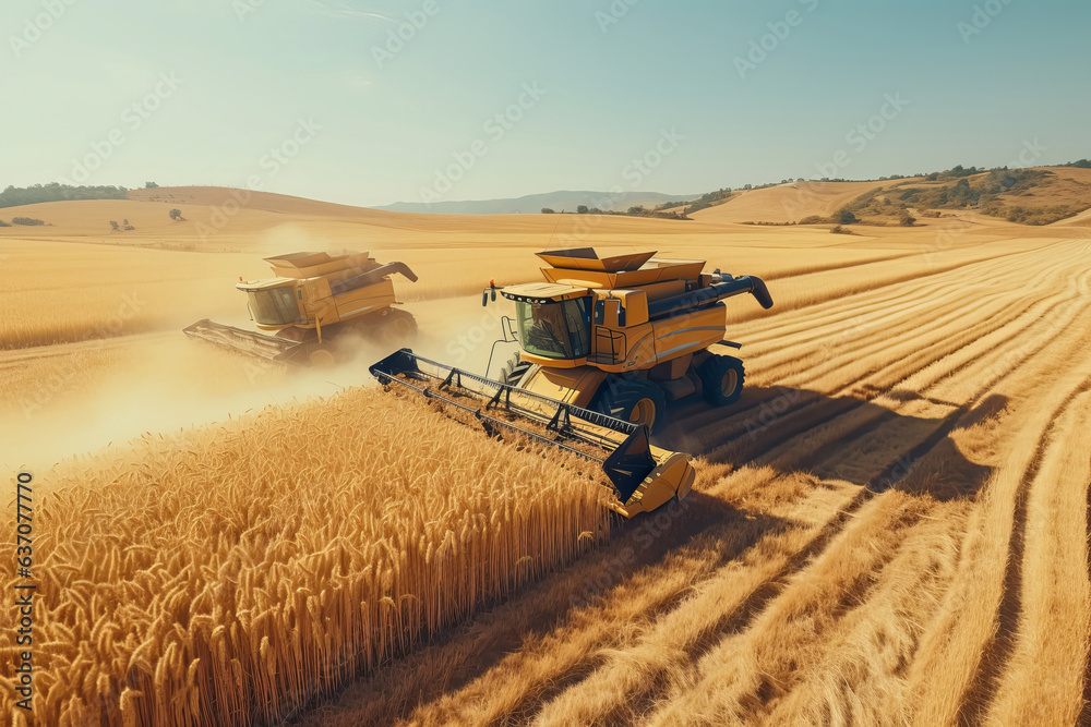 Aerial view of a harvester harvesting ripe wheat in an endless field. 