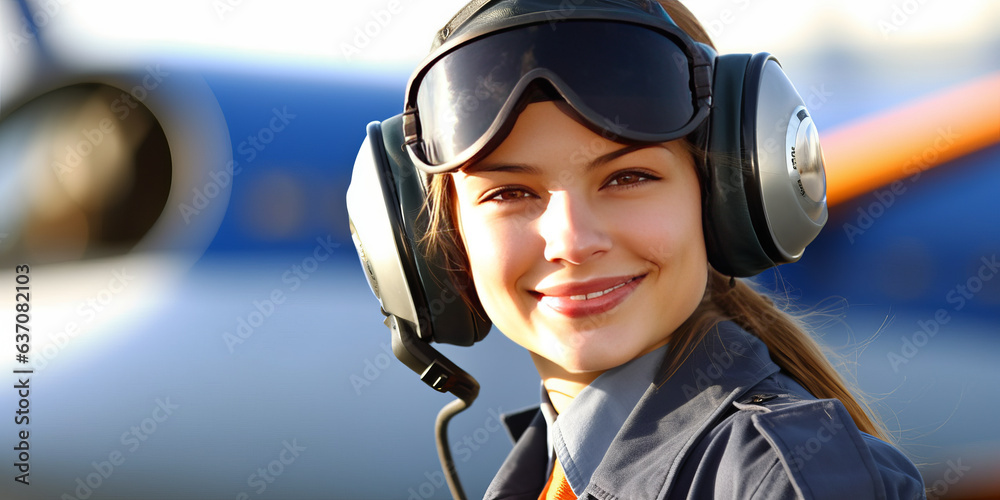 Inspiring young female pilot in aviation uniform and goggles, positioned against a blurred plane on 