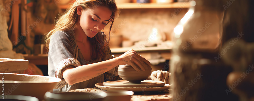 Inspirational young female potter, wavy hair in ponytail, hands clay-covered shaping pot on wheel, r