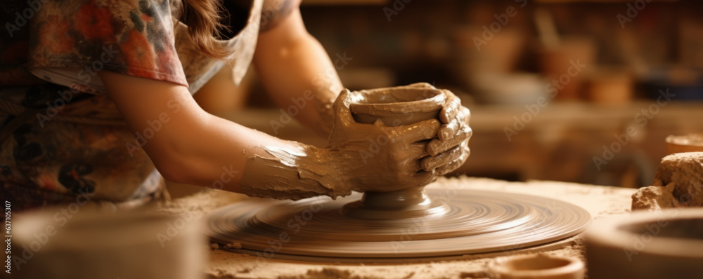 Artistic young woman, focused on clay turning into pottery on wheel in rustic studio - empty space &