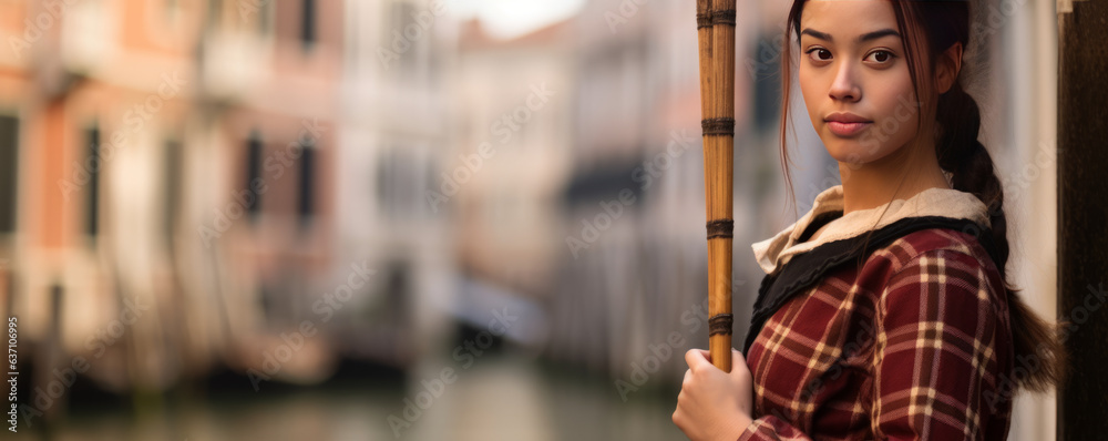 Charming young gondolier in traditional attire, expertly holding oar against blurred Venetian canal 