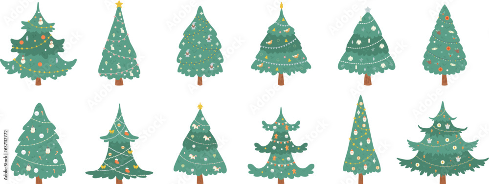 Decorated christmas tree set, xmas angels and balls. Fir pine with garland, decoration new year wint