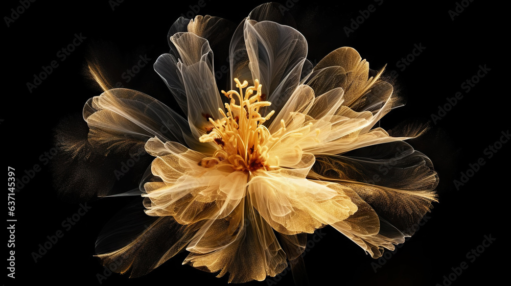 Golden x-ray image of a ethereal flower on black. Fantasy mystical blossom. Generative AI