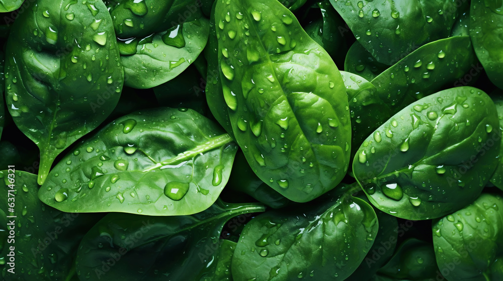 Fresh green spinach leaves with water drops background. Vegetables backdrop. Generative AI