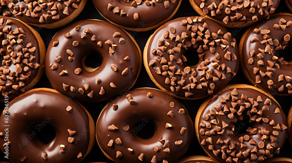 Donut with chocolate glaze background. Round american chocolate doughnuts. Generative AI