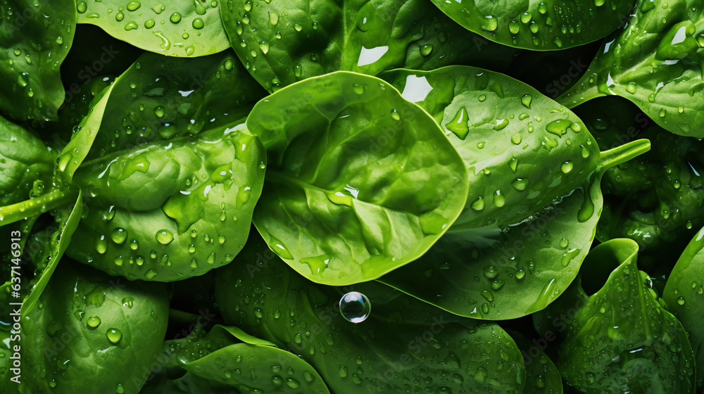 Fresh green spinach leaves with water drops background. Vegetables backdrop. Generative AI