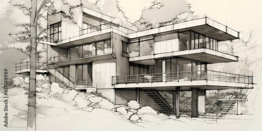 Detailed pencil sketch of modern suburban house. Abstract imaginary building concept. Generative AI